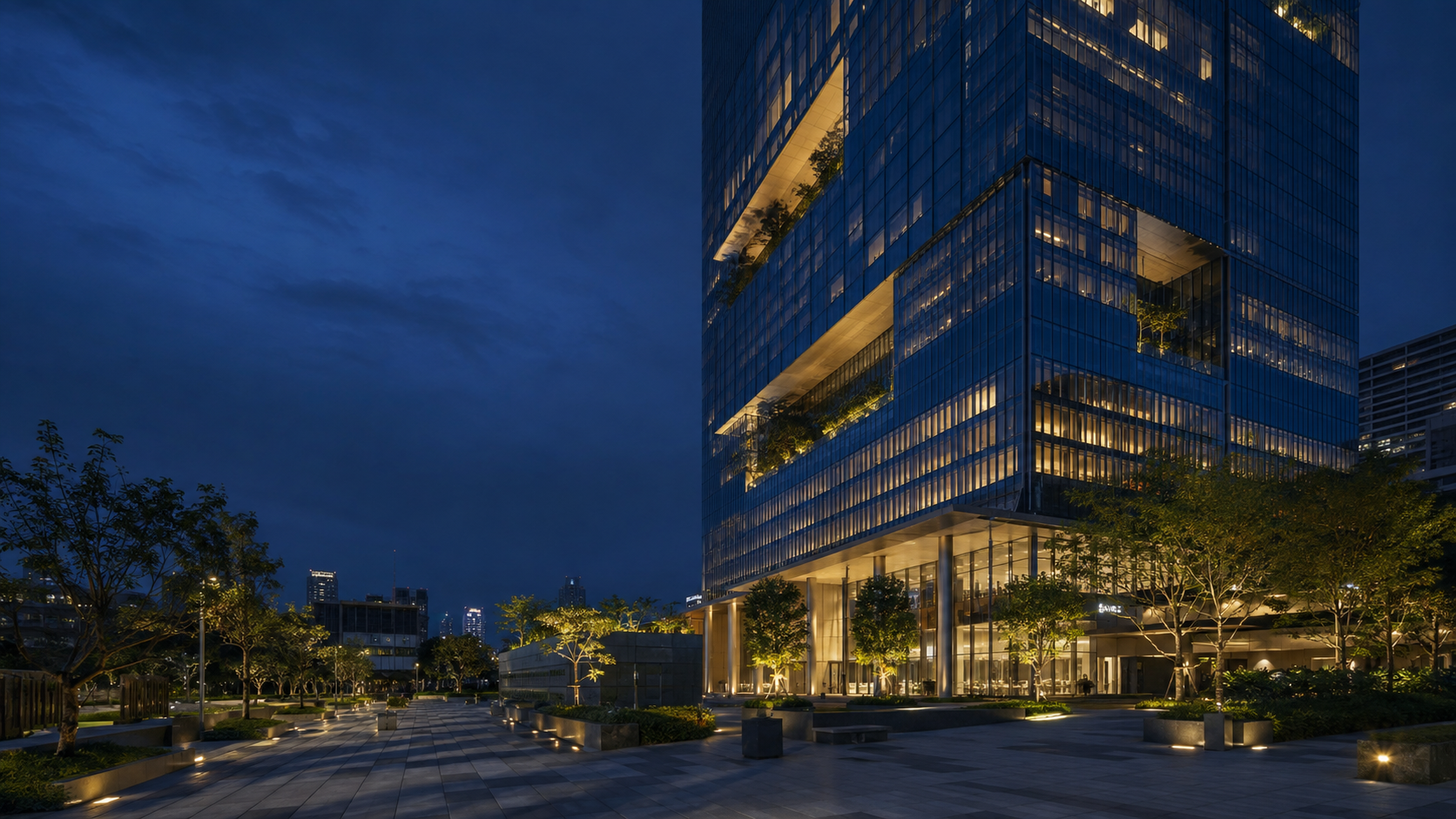 Intelligent commercial tower at blue hour